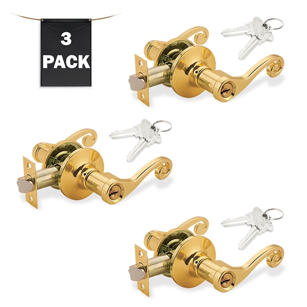 Premier Lock Decorative Entry Door Lever Lock Set Set of 3, Keyed Alike, Polished Brass, 3PK LEV05X-3 - main
